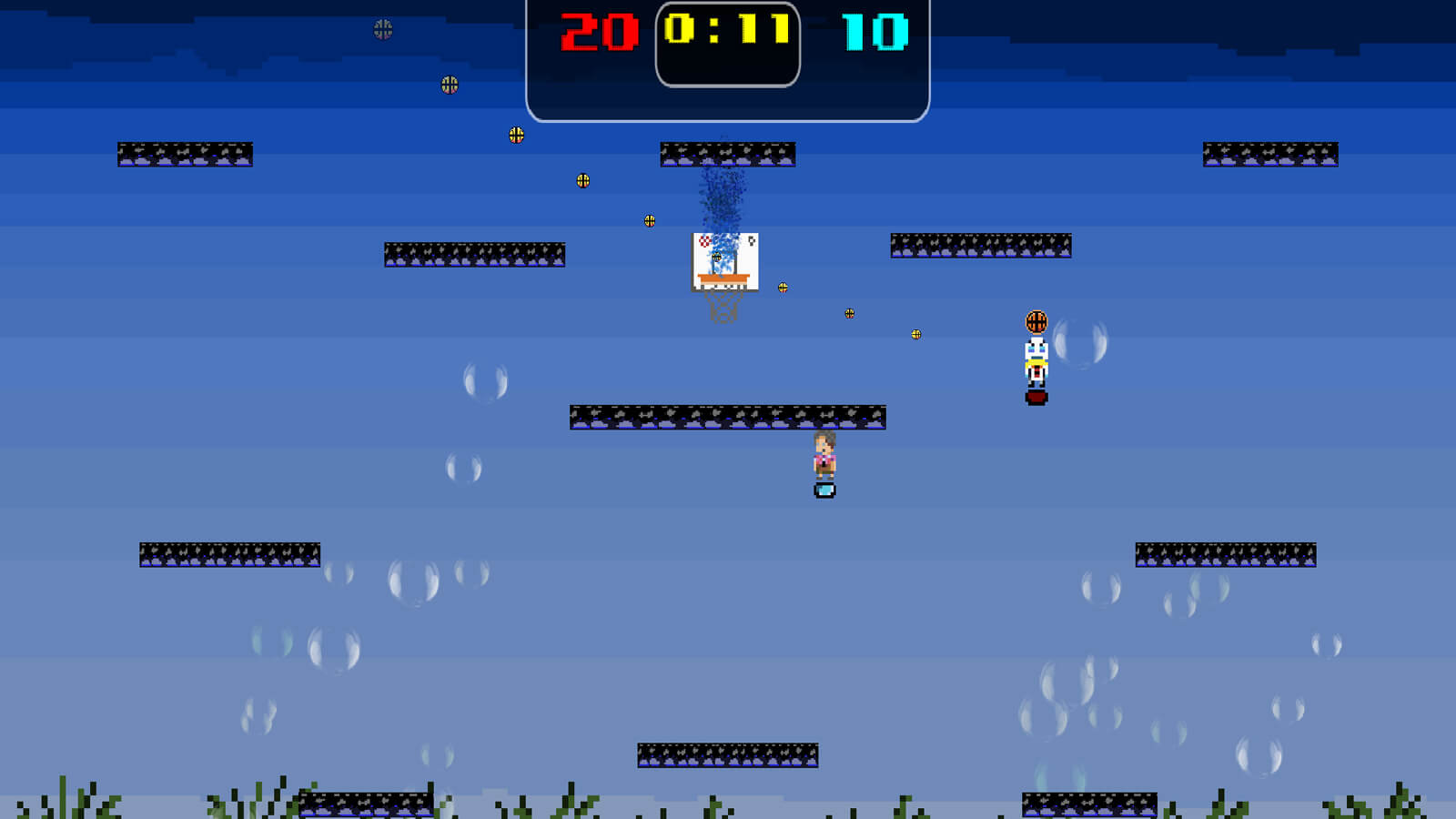 An underwater level with kelp and bubbles. A character is taking shots on the basket.