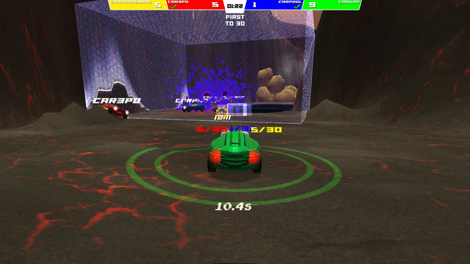 A blue car escapes a blue particle explosion as a green car sits in the foreground