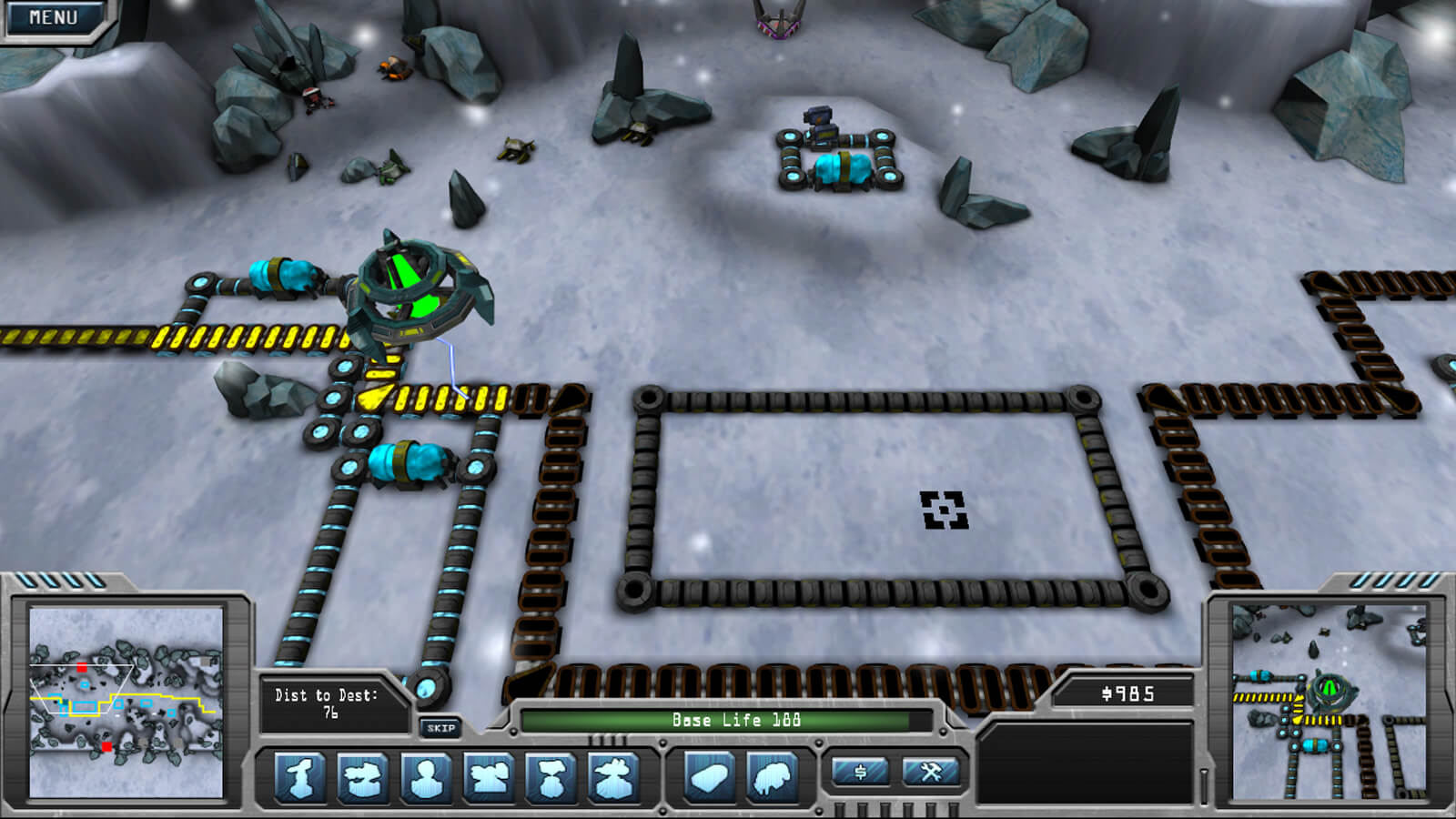 Full view of game and HUD including mini map and building options. The player's ship hovers over the defenses.