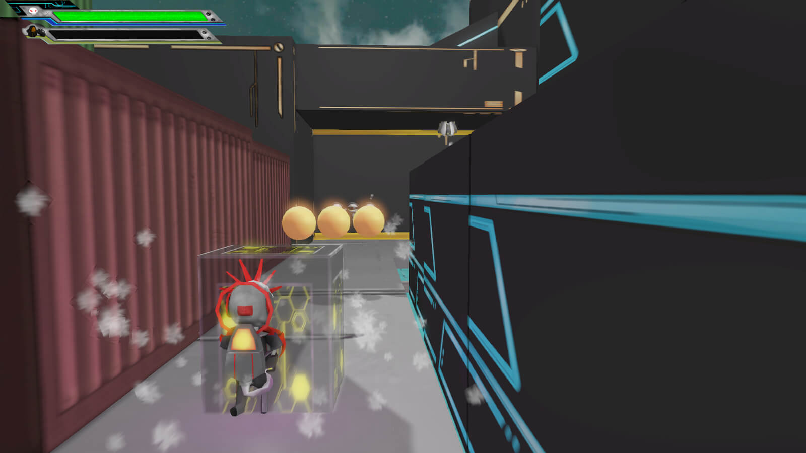 The player's character stands behind a translucent box as three spheres move ahead
