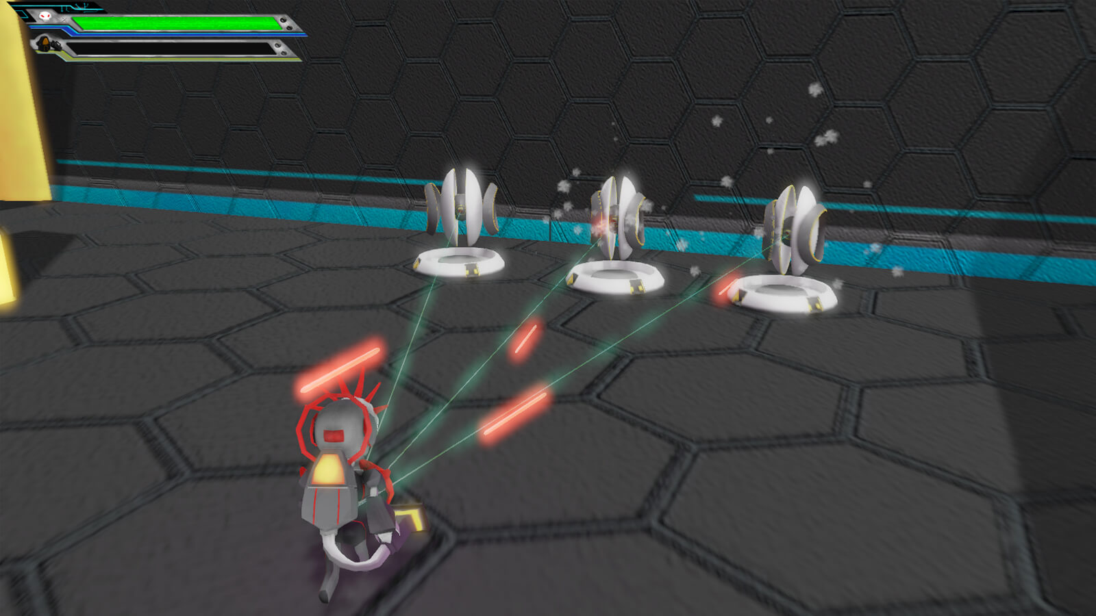 Three enemy sentinel shoot red laser bolts at the player, who is carrying a multi-purpose vacuum cleaner