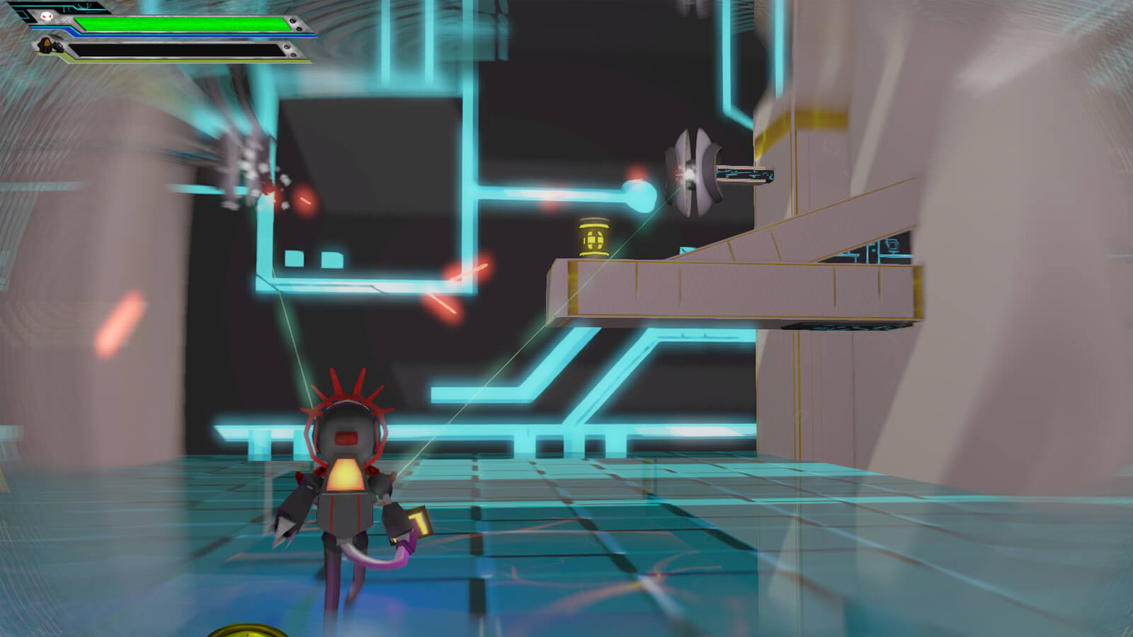 The player's character aims at an enemy up and to the right as lasers fly through the air