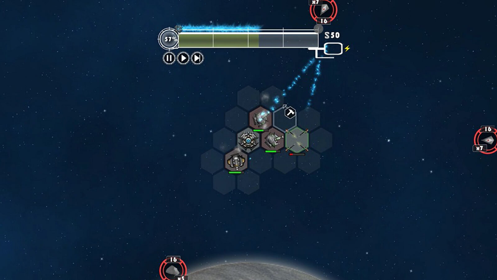 Various turrets with damage indicators are placed in the player's hexes as vital statistics are displayed above