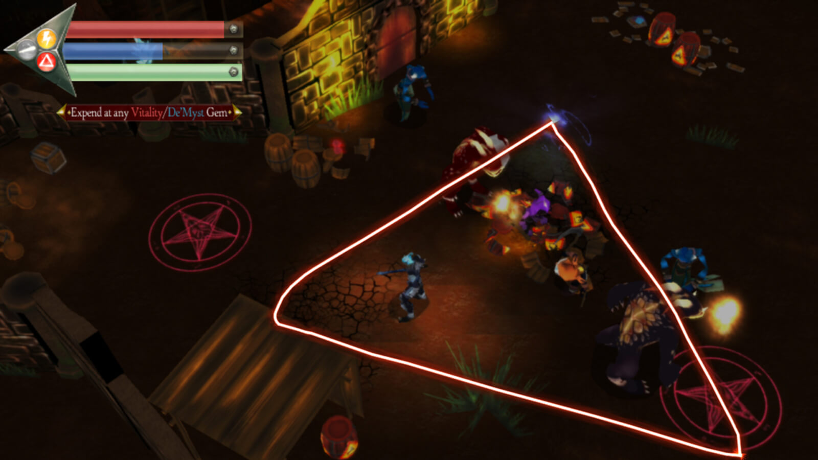 The player draws a triangle around a group of enemies to cast a specific spell
