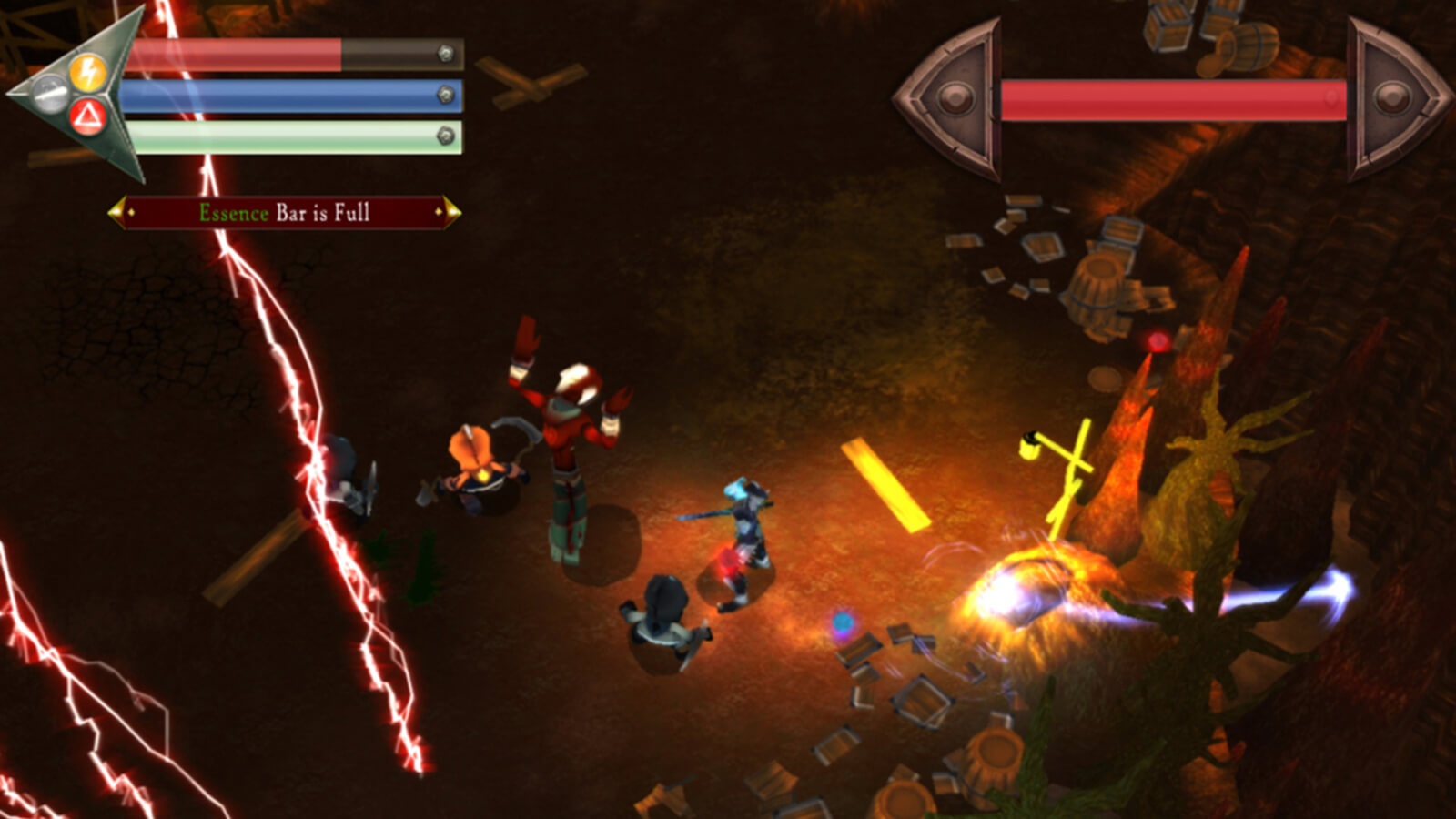 Red lightning bolts hit the ground as the player battles several unique enemies