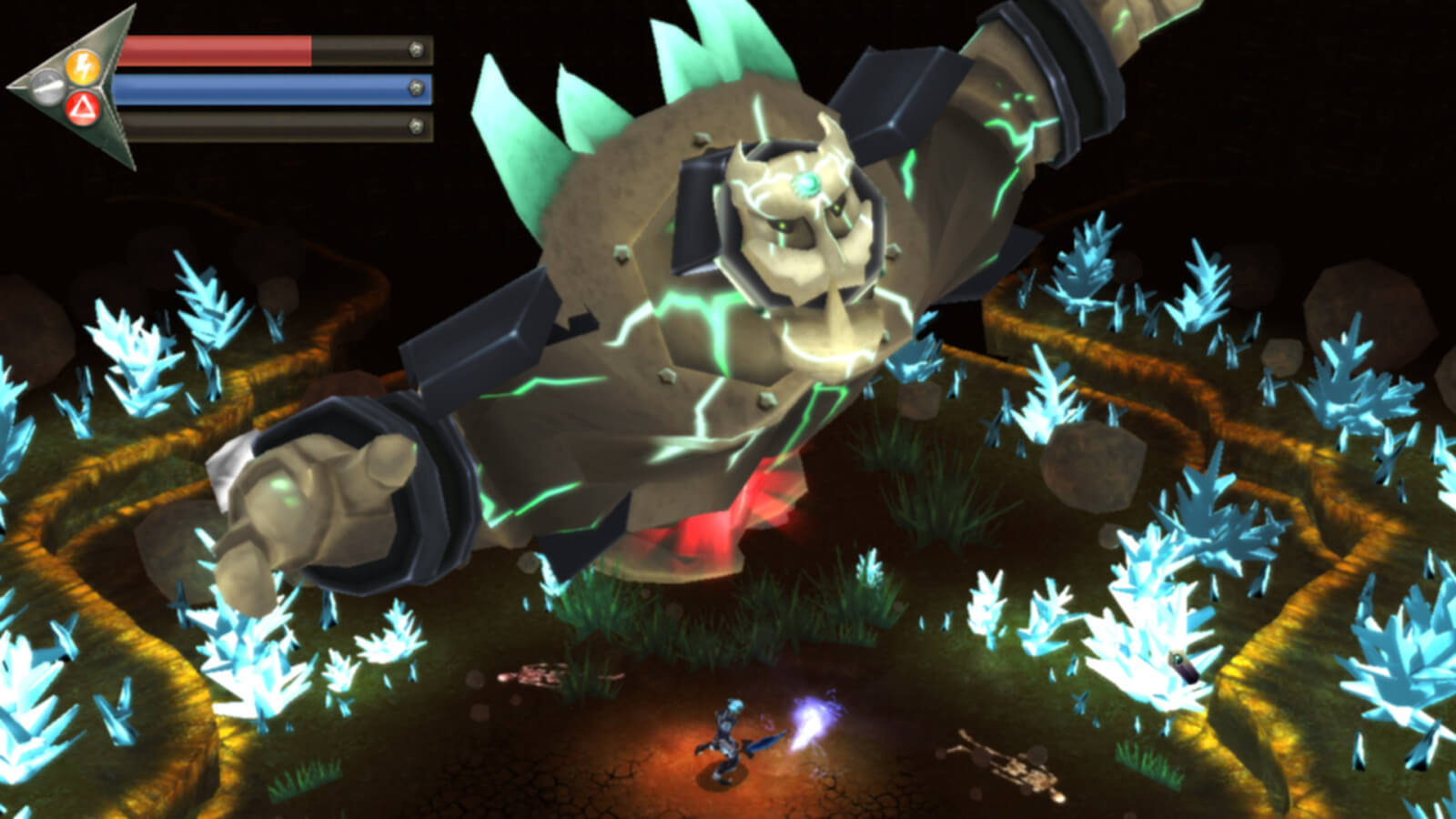 A large, masked metal boss erupts from the ground covered in green crystals and lightning streaks
