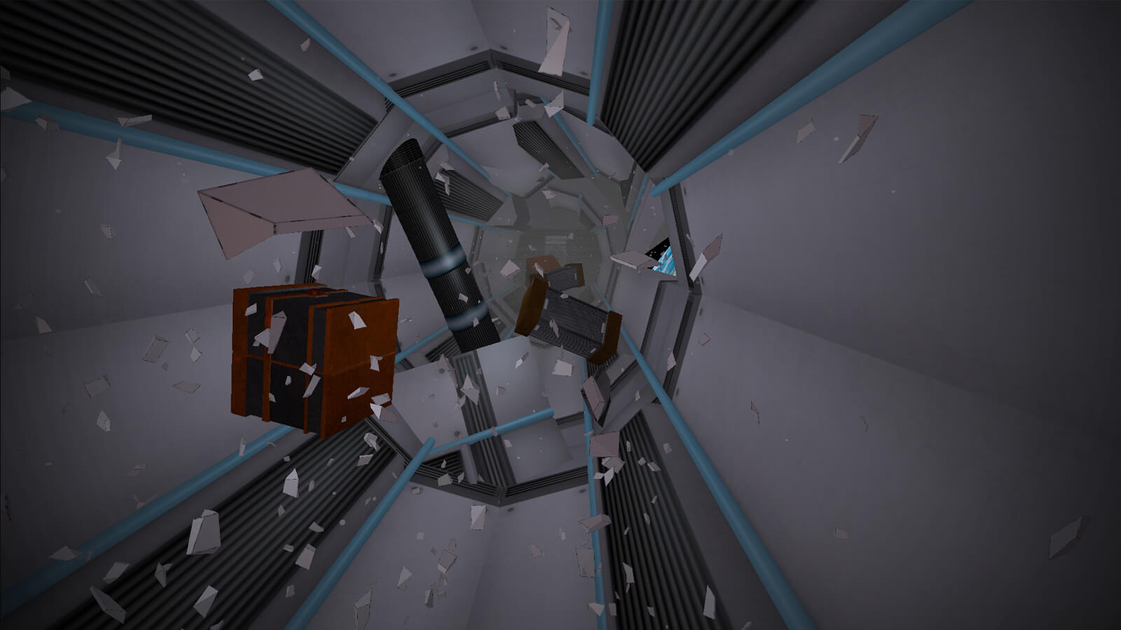 Debris and blocks float everywhere in a corridor without any gravity