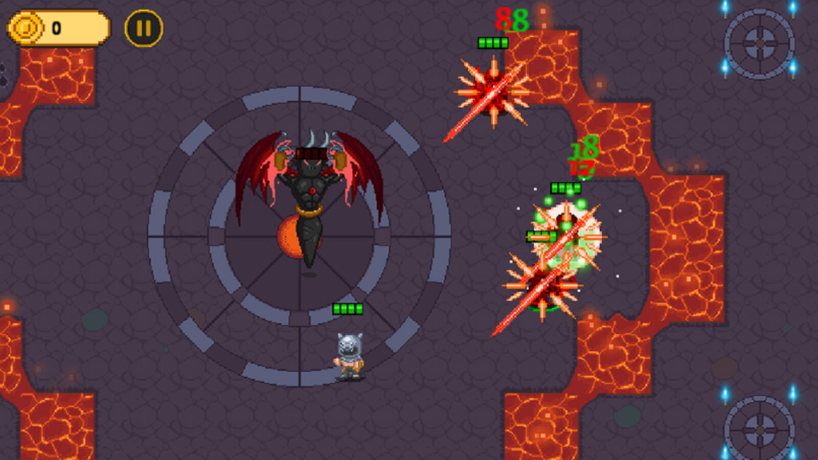 The player's character fights a black, winged demonic enemy in a dark, lava-filled dungeon.