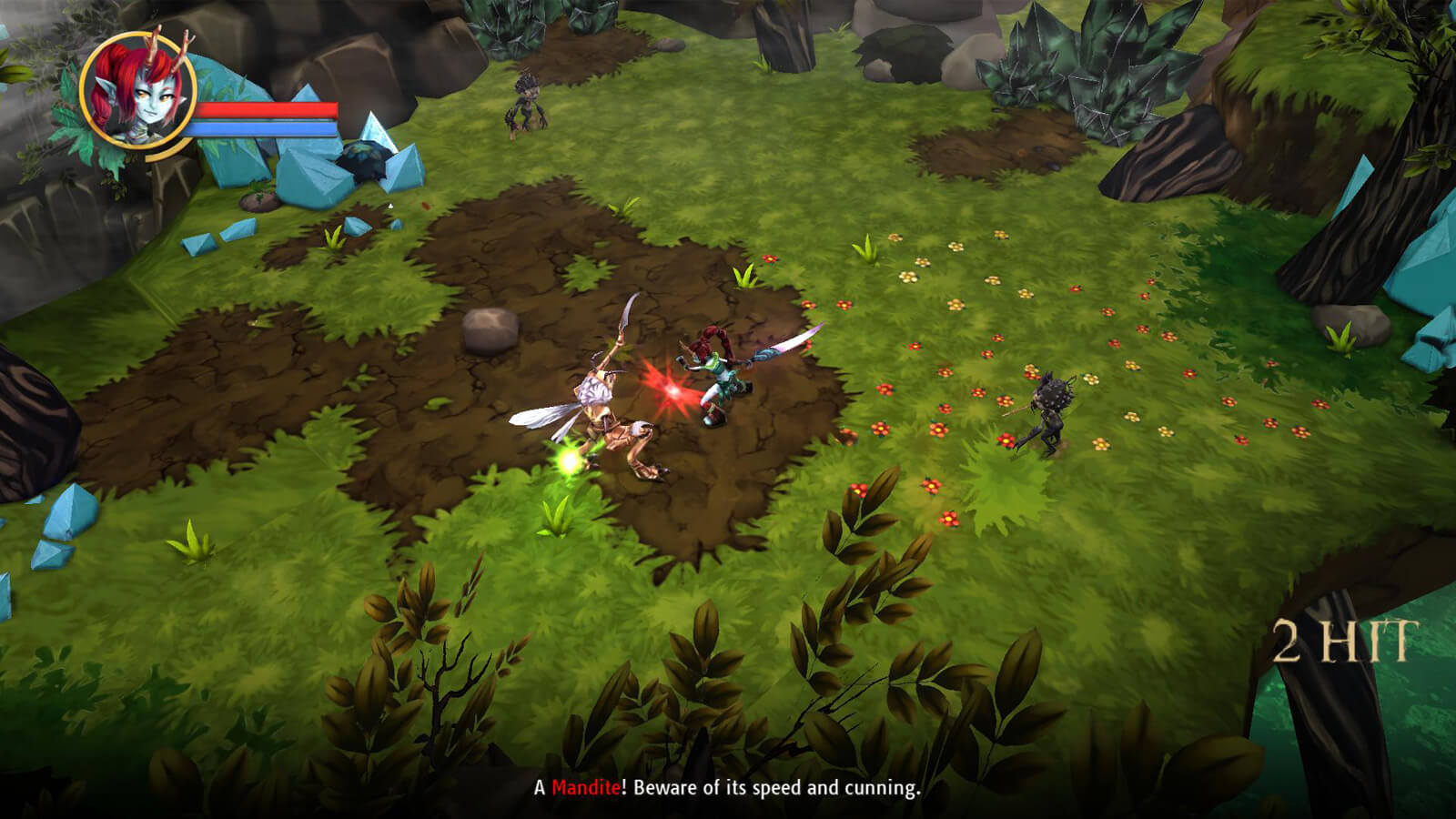 The player's character swings her sword while dueling a large, bipedal insectoid enemy