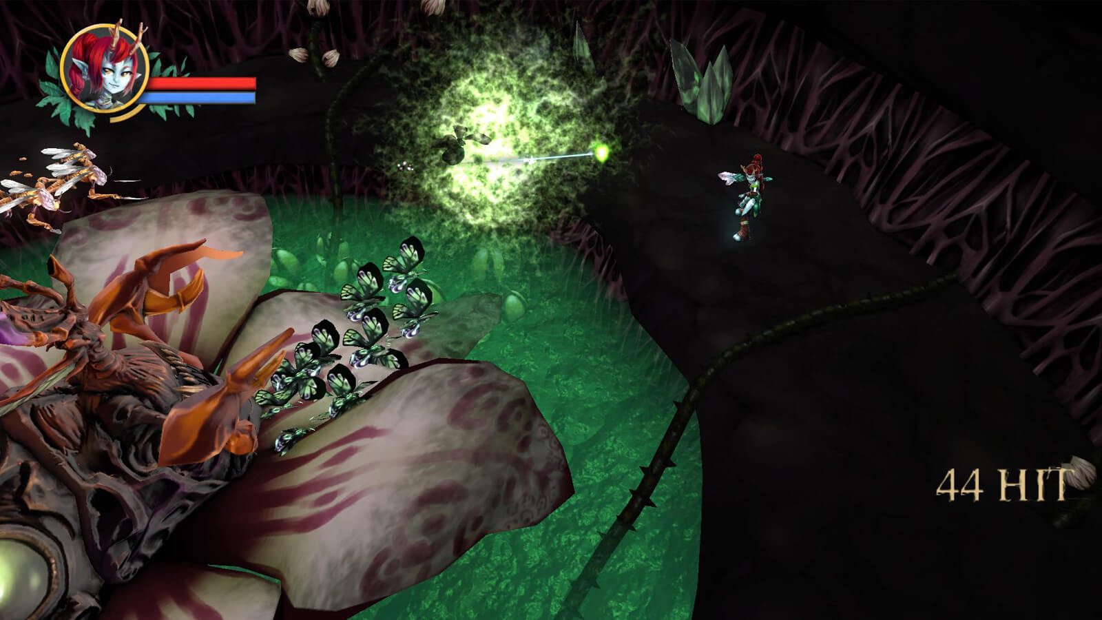 The player's character completes a 44-hit combo as butterflies and other enemies come toward her