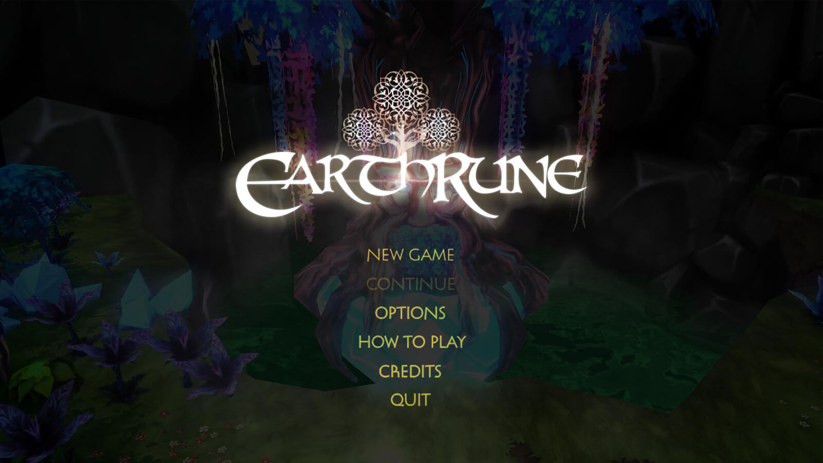 The main title screen includes New Game, Continue, Options, How to Play, and Credits selections