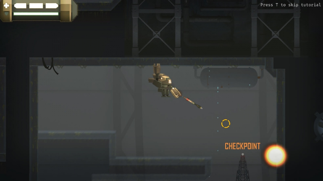 Yellow mech clings to ceiling and fires a rocket downwards