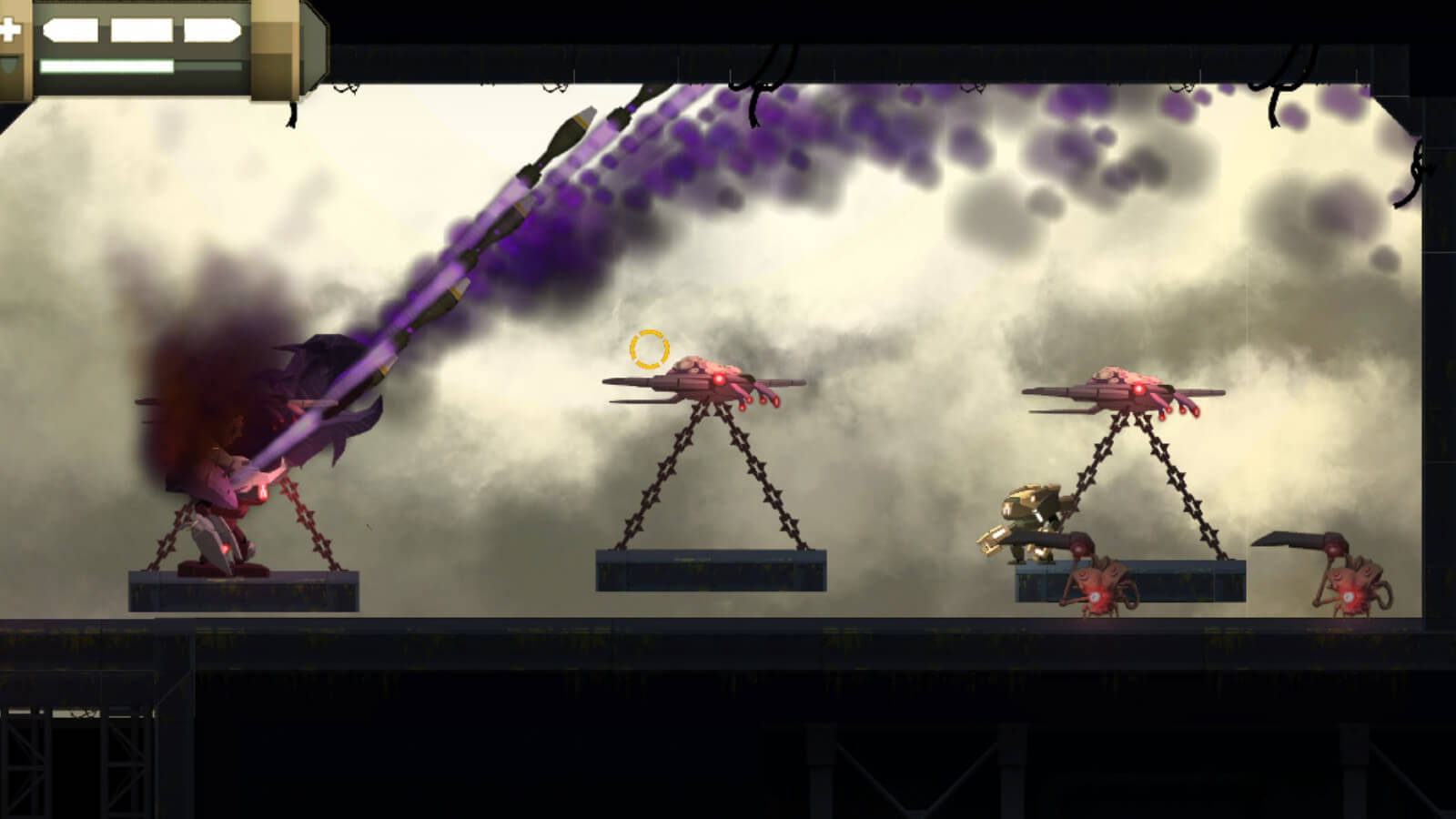 Yellow mech stands atop a platform being carried by pink flying machines