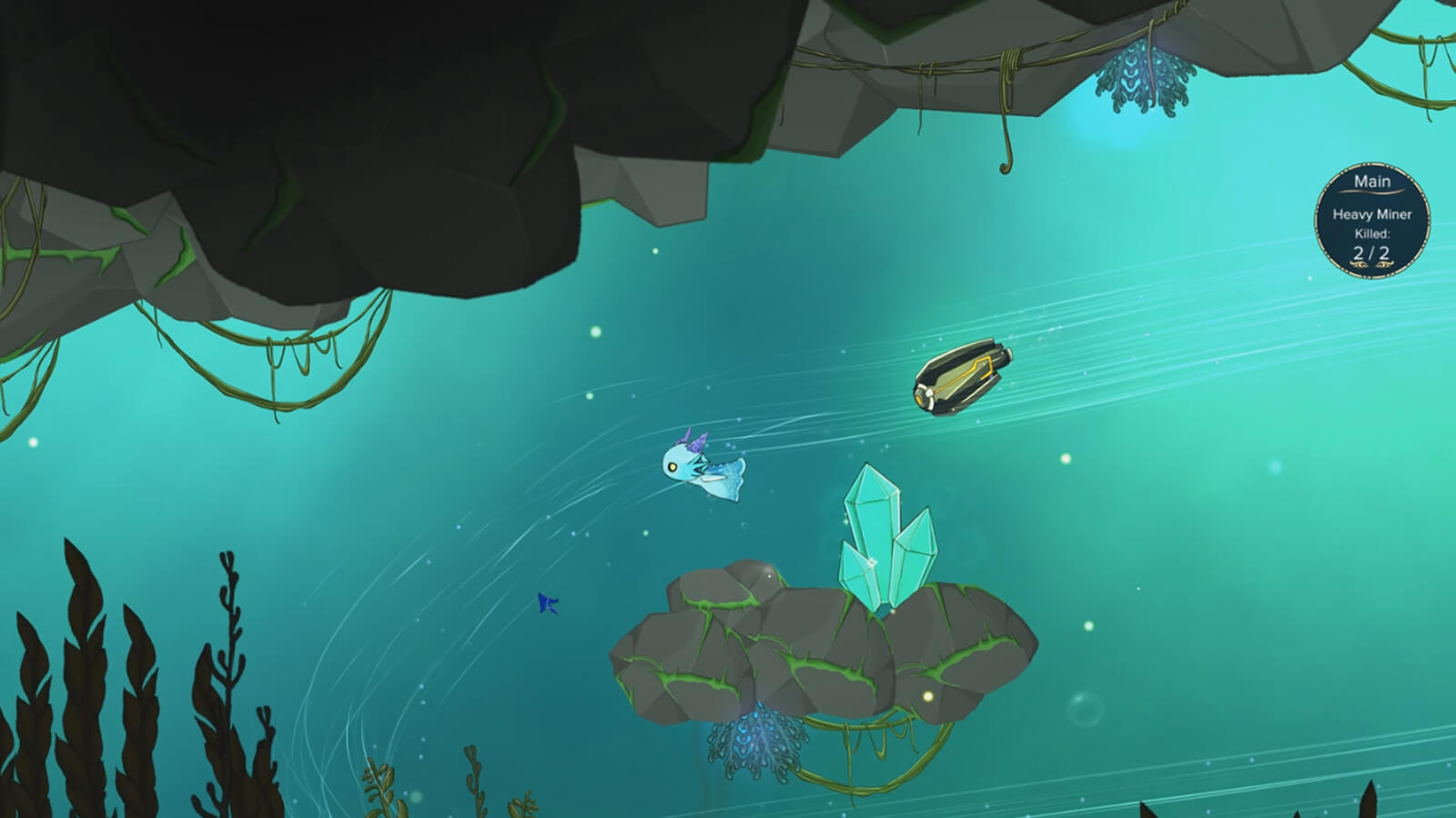 A neon-blue sea creature with purple horns swims away from a tubular gray robot in an underwater cavern.