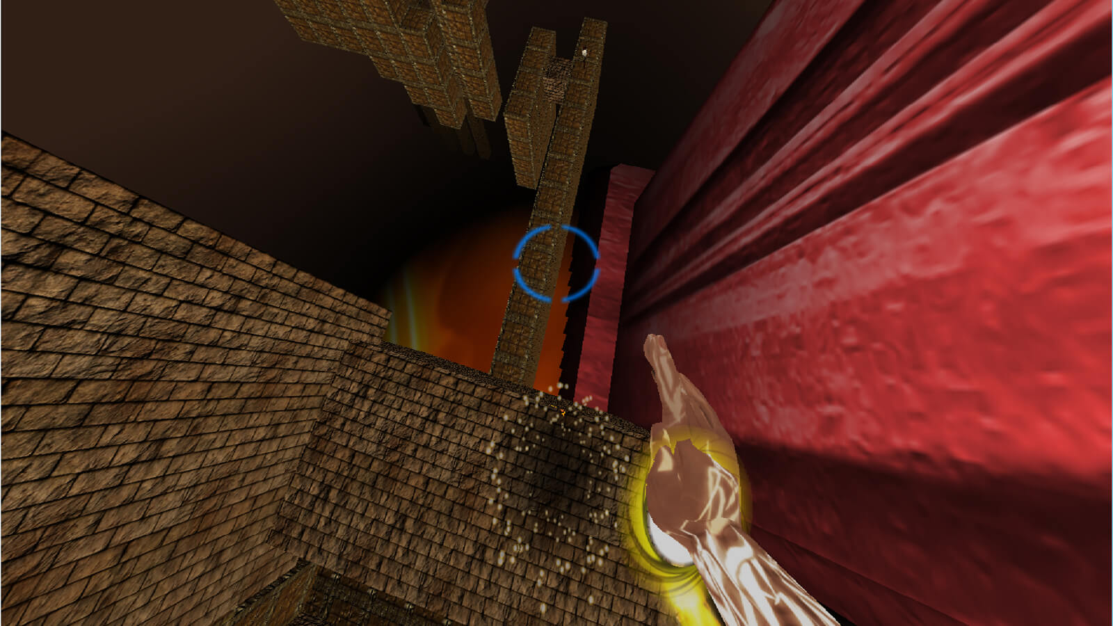 The player leaps high above a stone platform while their hand is held out below