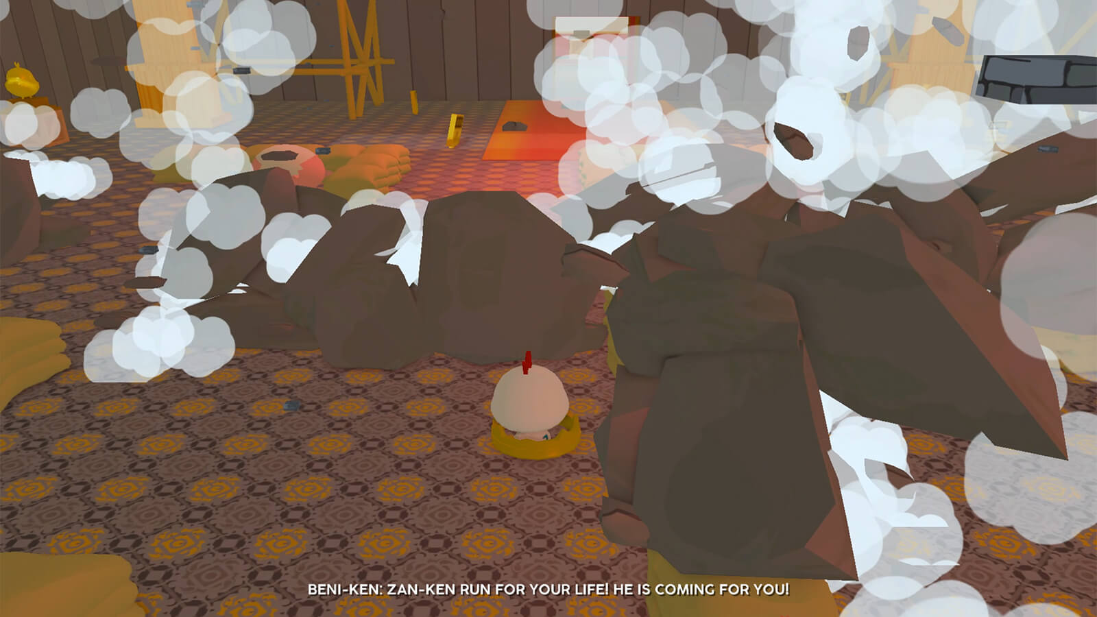 Seen from behind, dust clouds surround a small white chicken holding a golden crown as rocks fall all around it.