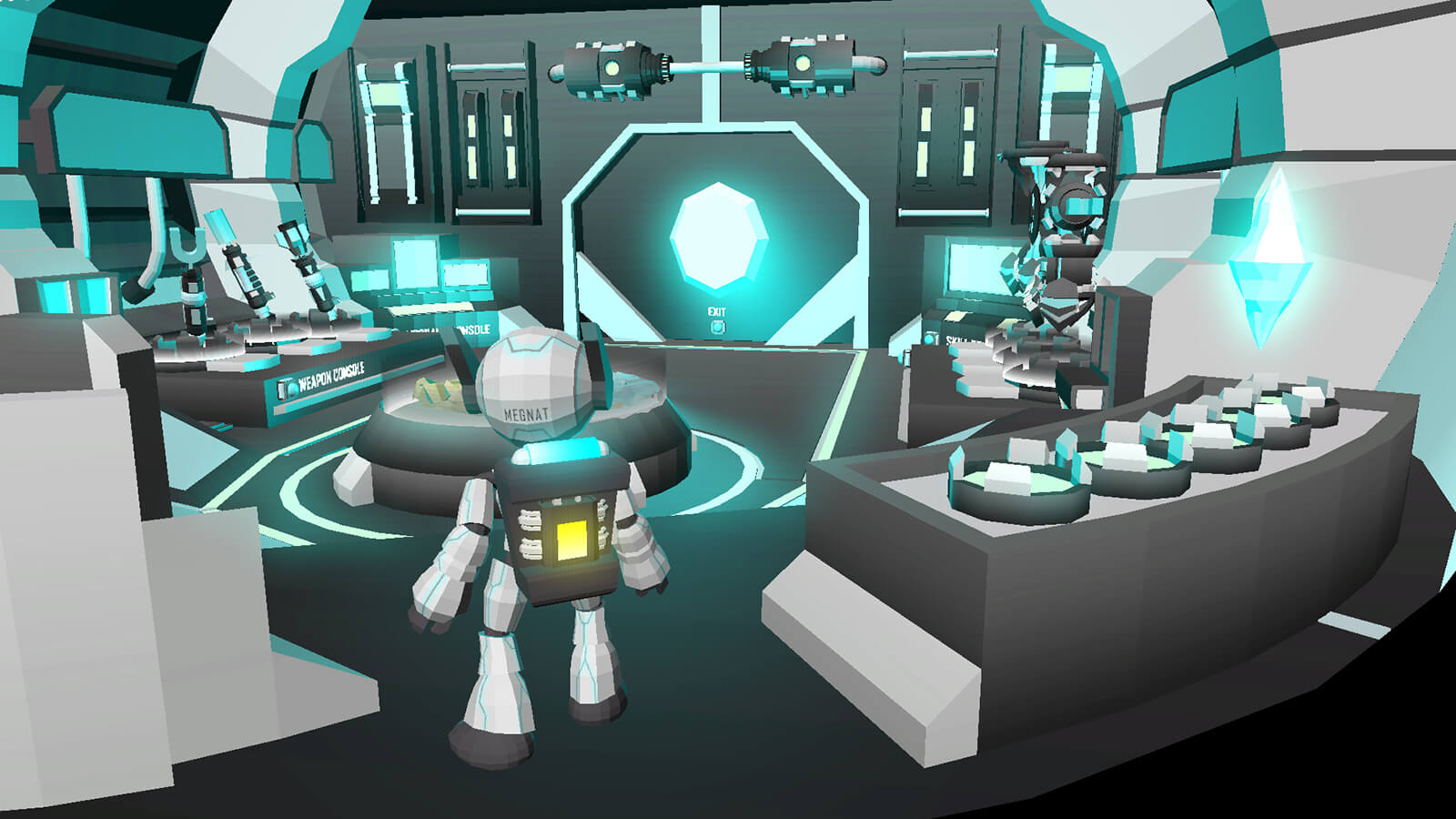 A futuristic white robot seen from behind standing in a blue-hued laboratory filled with technological consoles.