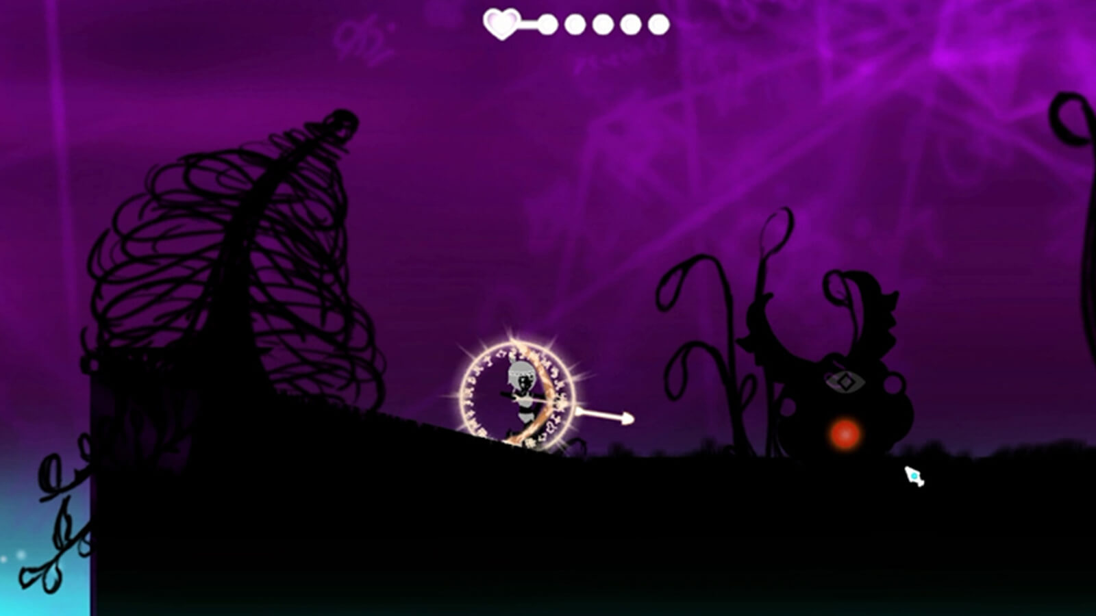 The player's character shoots a shining white arrow at an enemy. She is surrounded by a circle of glowing, white runes.