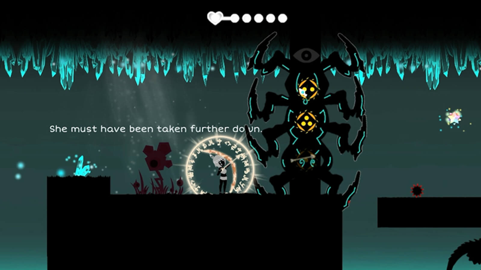 The player's character aims a glowing white arrow at a shadowy totem-like enemy