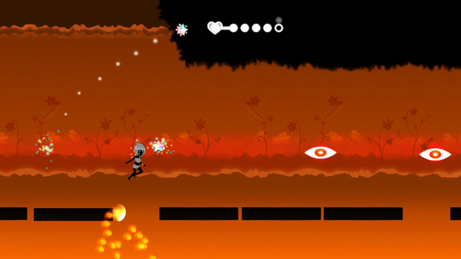 The player's character jumps from platform to platform as fire leaps up from below. Two glowing eyes float middair ahead.