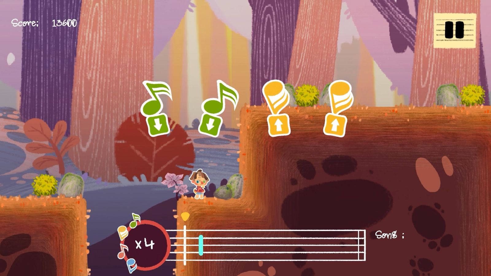The protagonist, Brio, prepares to jump up a cliff while the player is prompted to play corresponding notes.