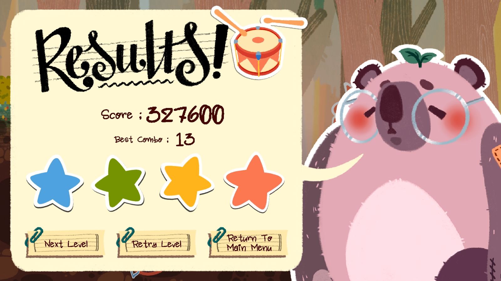 A results screen with a player score is shown at the end of a level.