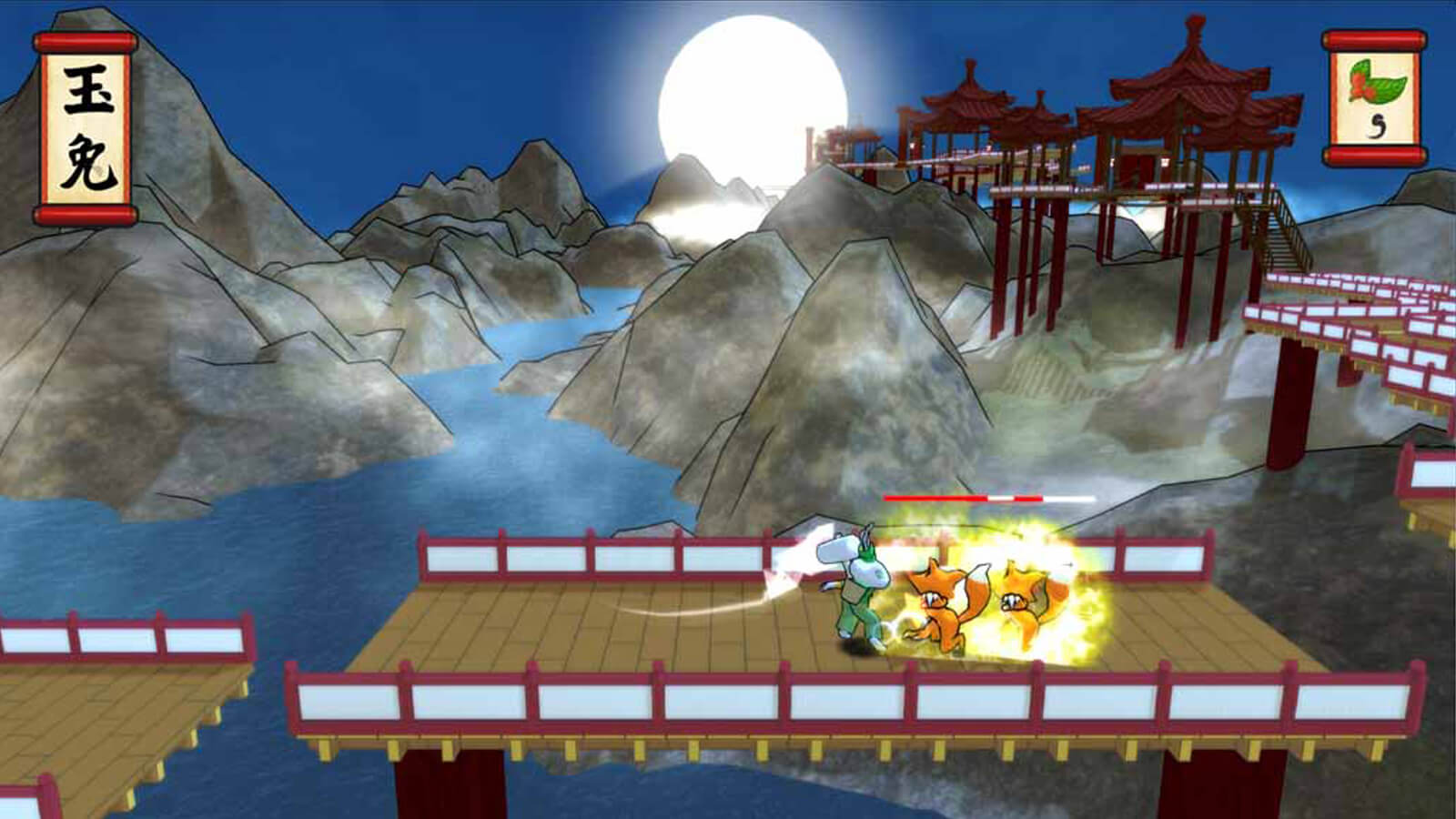The moon rabbit battles two fox enemies on a bridge with a river, mountains, and a bright moon in the background