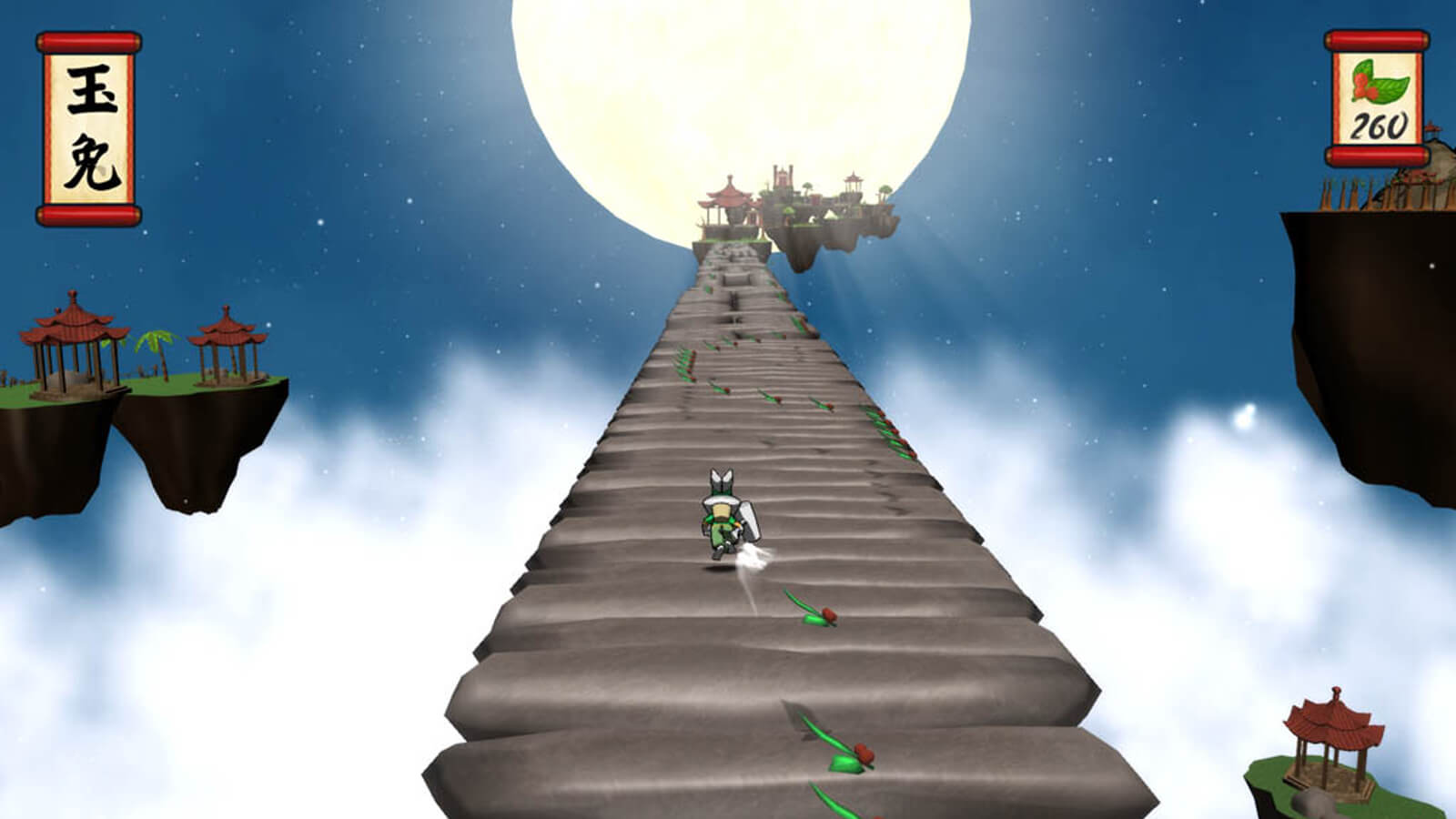 The moon rabbit runs up a path toward the moon and several pagodas in the distance