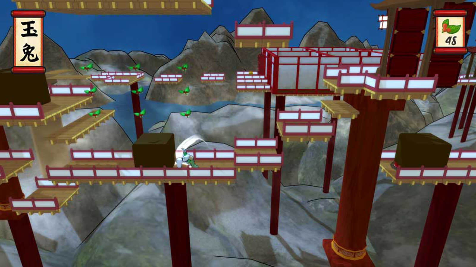 The moon rabbit swings at a block that is in its way on one of many paths between floating platforms