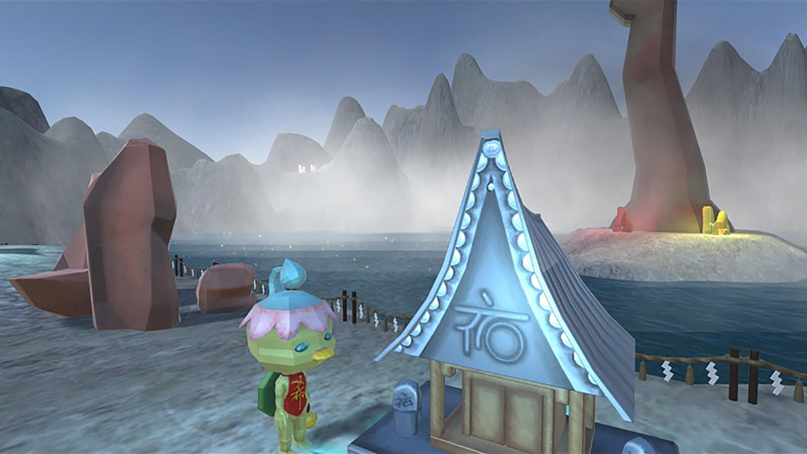 The player's kappa character stands at a small shrine on the shore, with a lake and misty mountains in the background