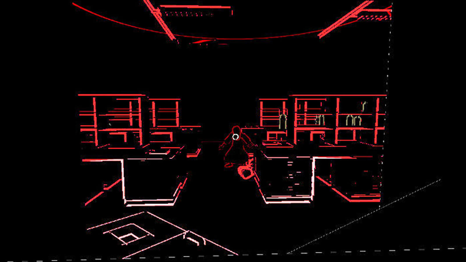 Deprived of sight, the player's perspective is seen in black or red relief. A crouching figure stands between desks