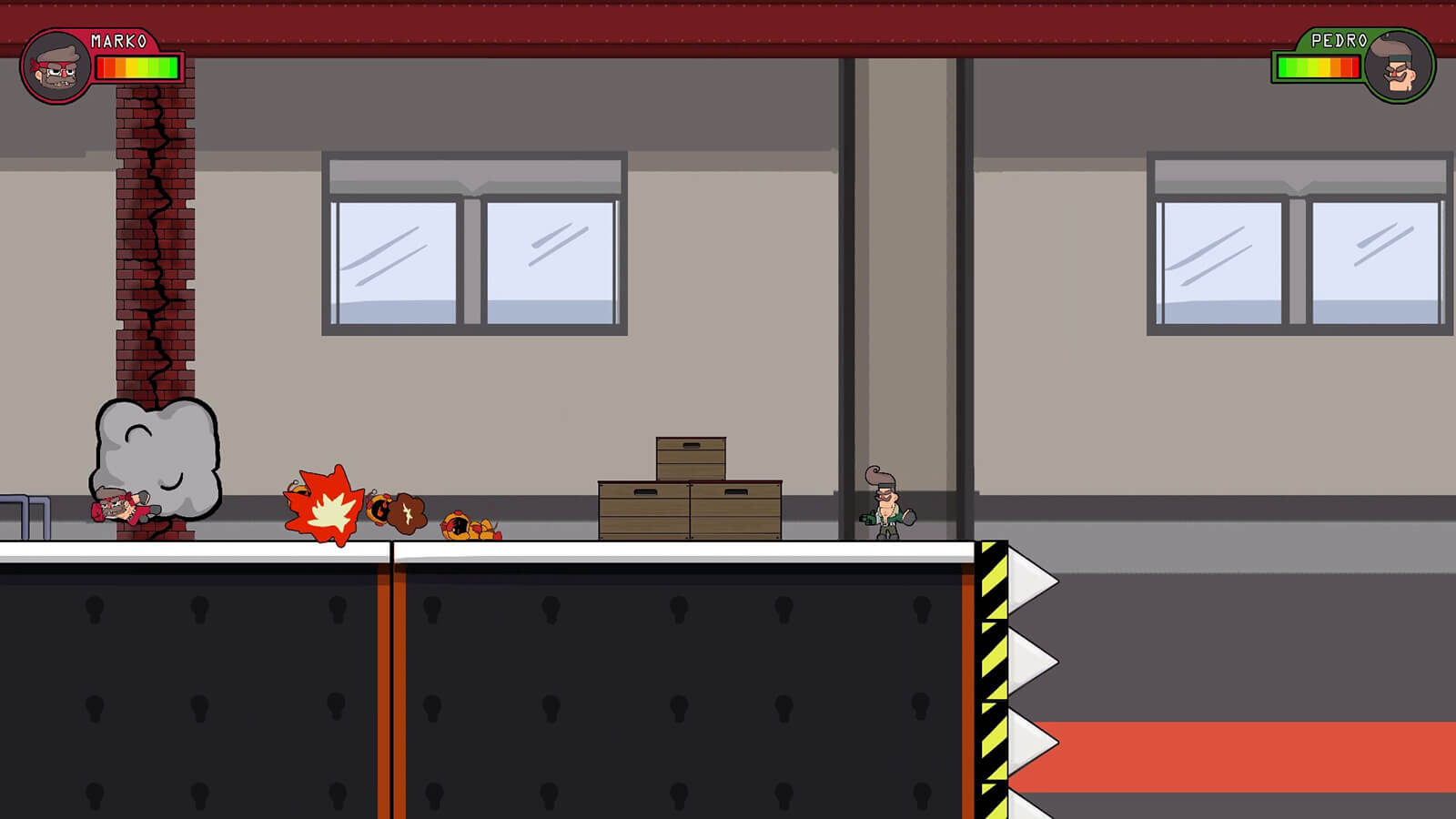A 2D character in red garb flies through the air, leaving defeated enemies and a destroyed brick wall in his wake.