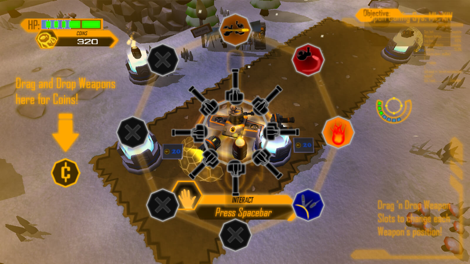 The player's tank surrounded by 360 degrees of weapons, showing slots for eight different types of guns and turrets