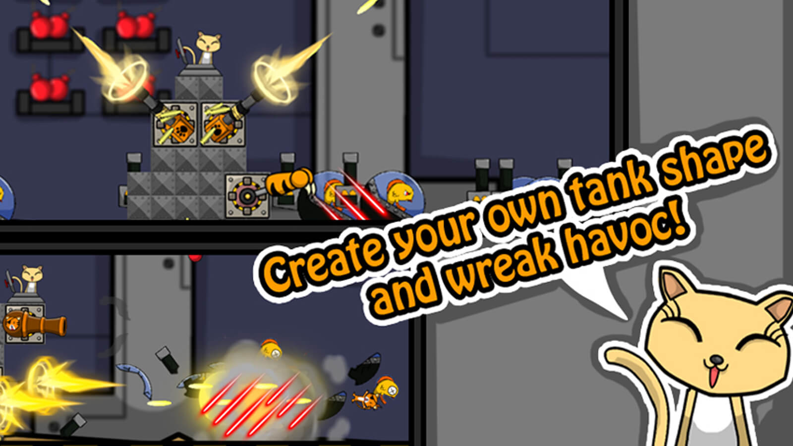 Screenshots of kitten-piloted battle tank firing at enemies. The words "Create your own tank shape and wreak havoc!" appears