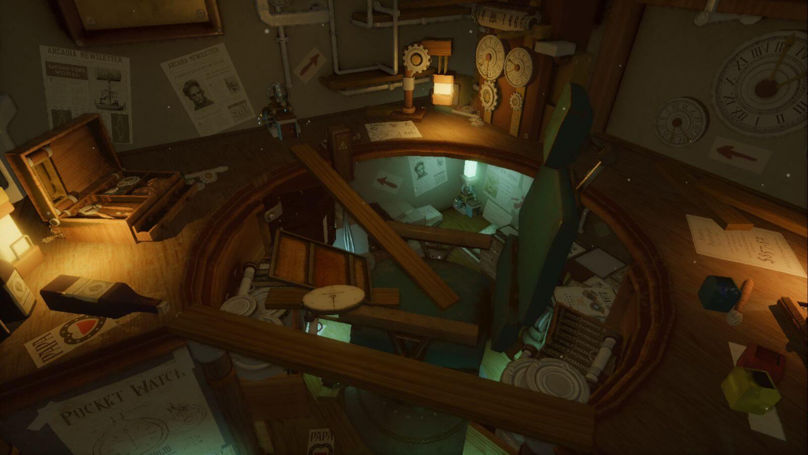 One of the levels in Minute that contains a messy desk that surrounds an equally messy chair.