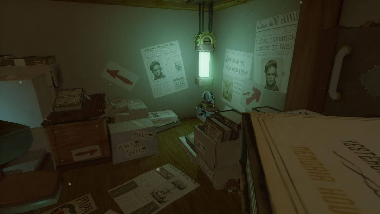 Underneath the desk in the same level contains newspaper clippings as well as various boxes storing books.