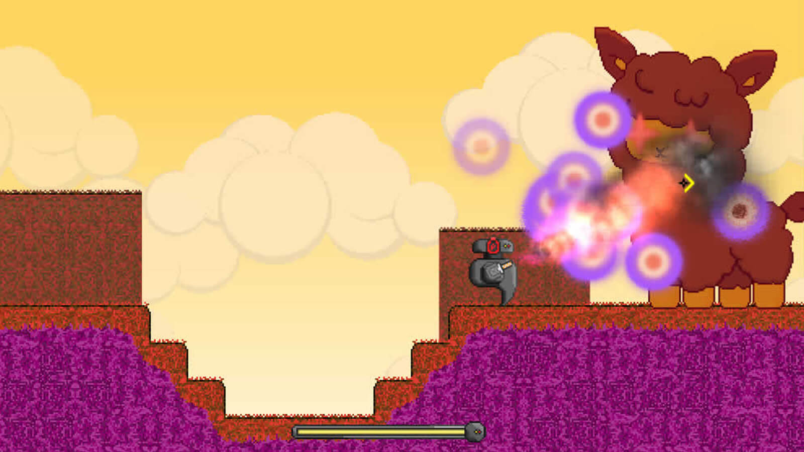 The player's robotic character shoots a flamethrower at a giant brown lamb blocking its path