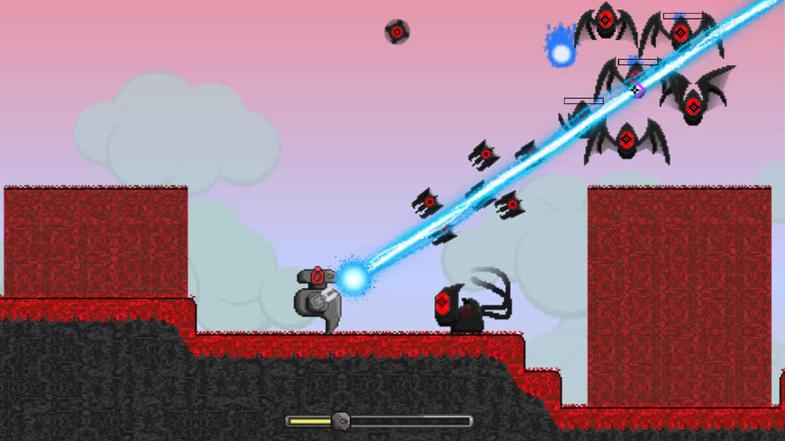 The player's robot character fires a blue laser beam at a group of single-eyed black bat enemies