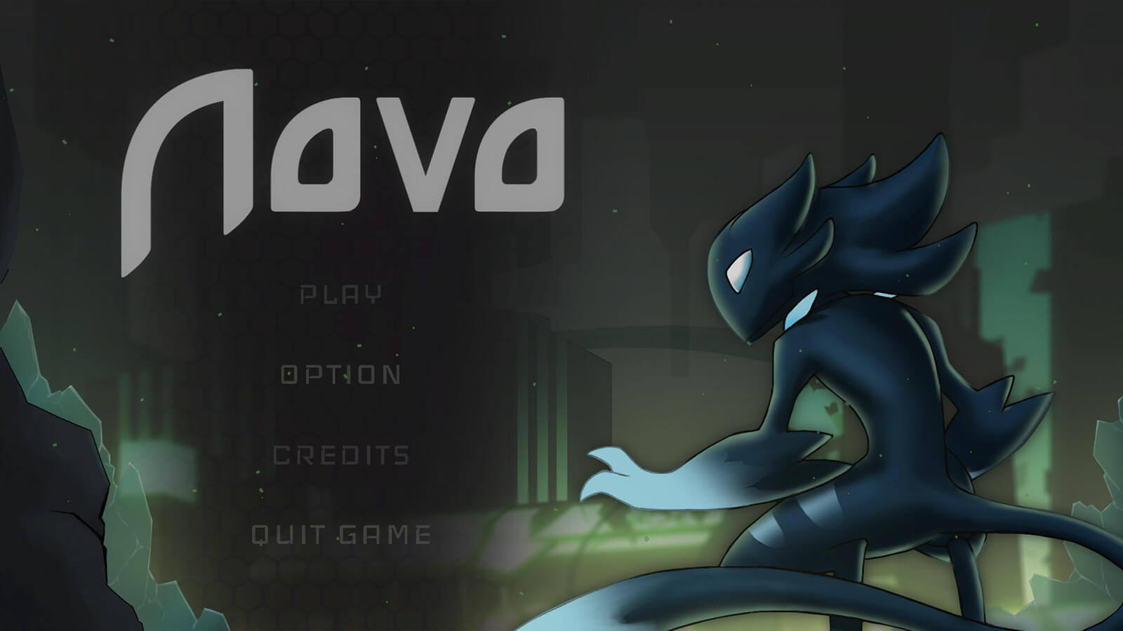 Title screen for the game Novo depicting a sleek, black alien crouching in the foreground of a futuristic city.