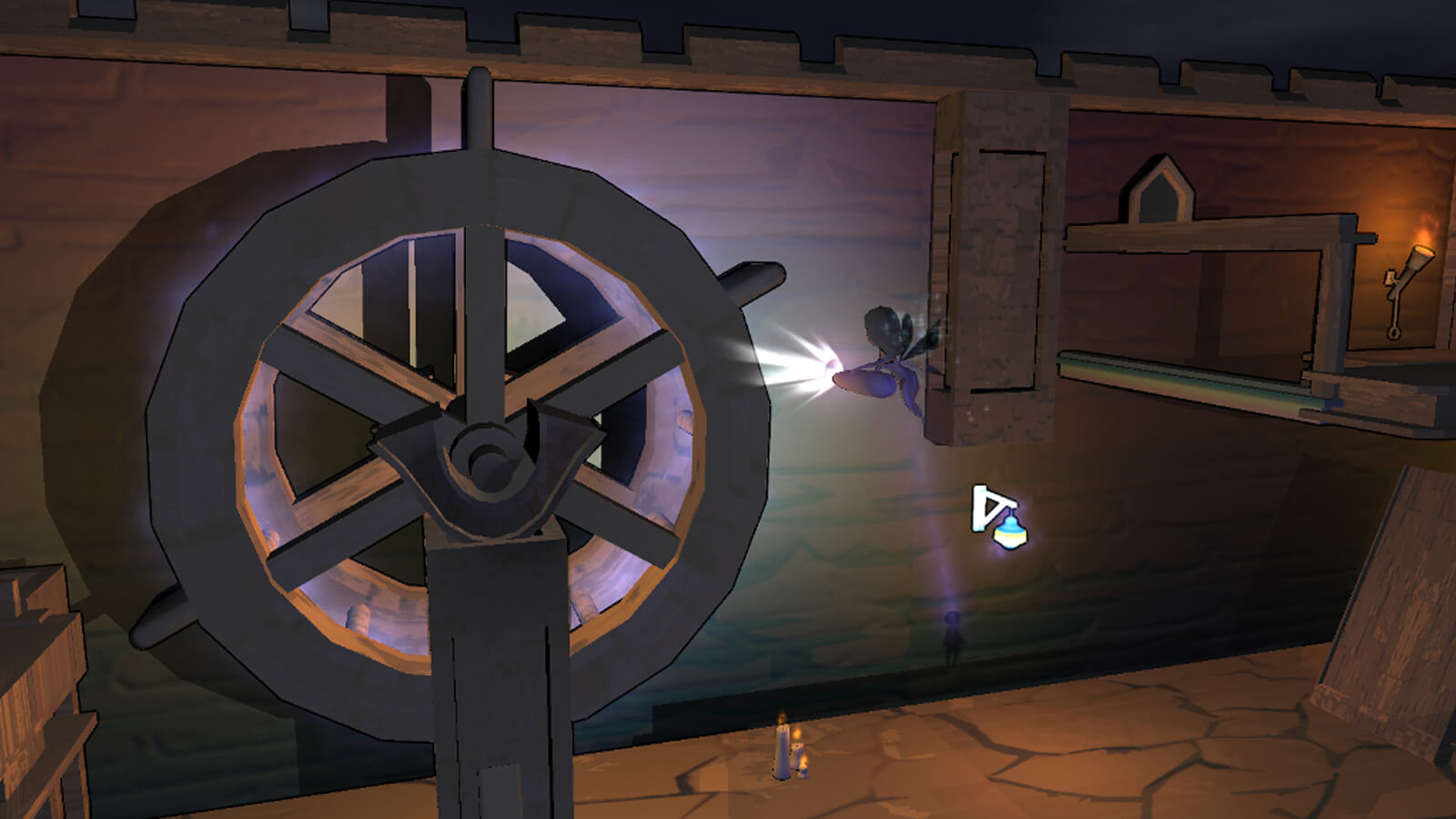 The player's fairy character illuminates a wooden waterwheel