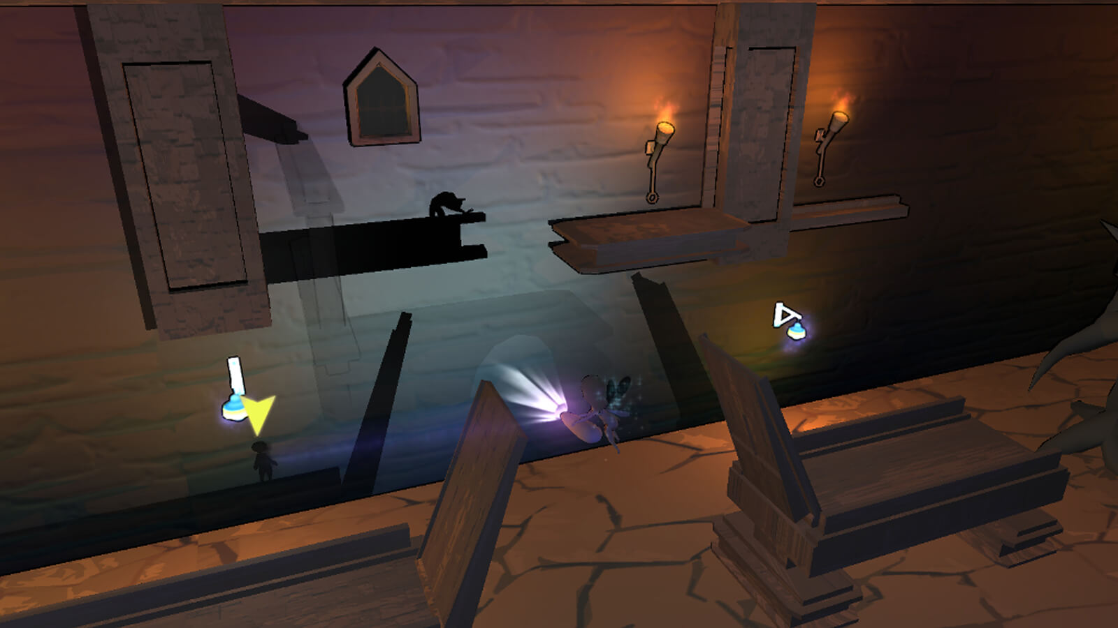 The player's fairy character illuminates a drawbridge and shelf creating shadows against the wall behind