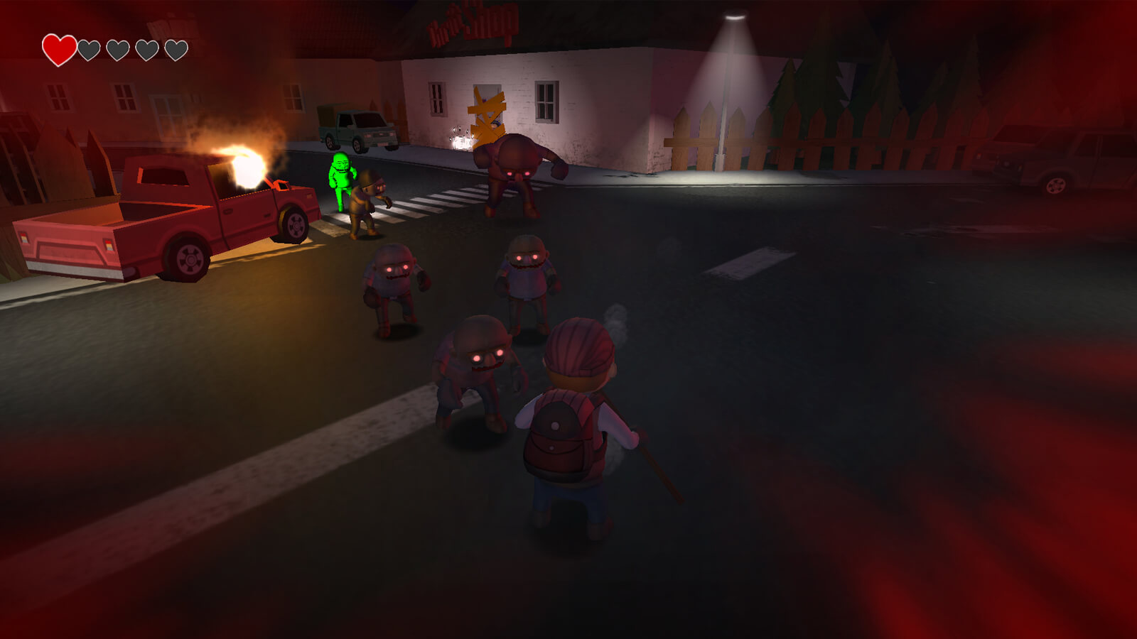 Zombies shamble toward the player's character at an intersection. A pickup truck is on fire on the curb.