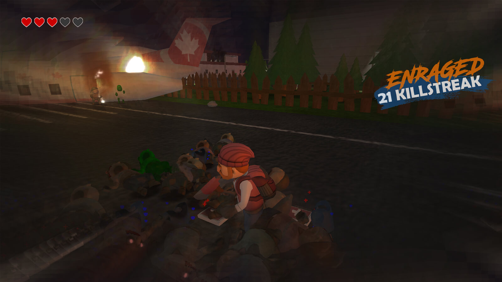 The player's character is holding an ax surrounded by bodies of fallen zombies