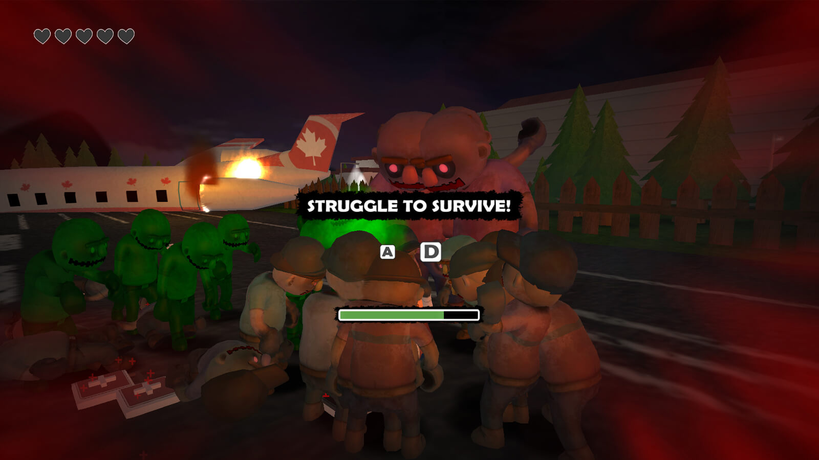 Various monsters gather around the player as "struggle to survive" is displayed on the screen