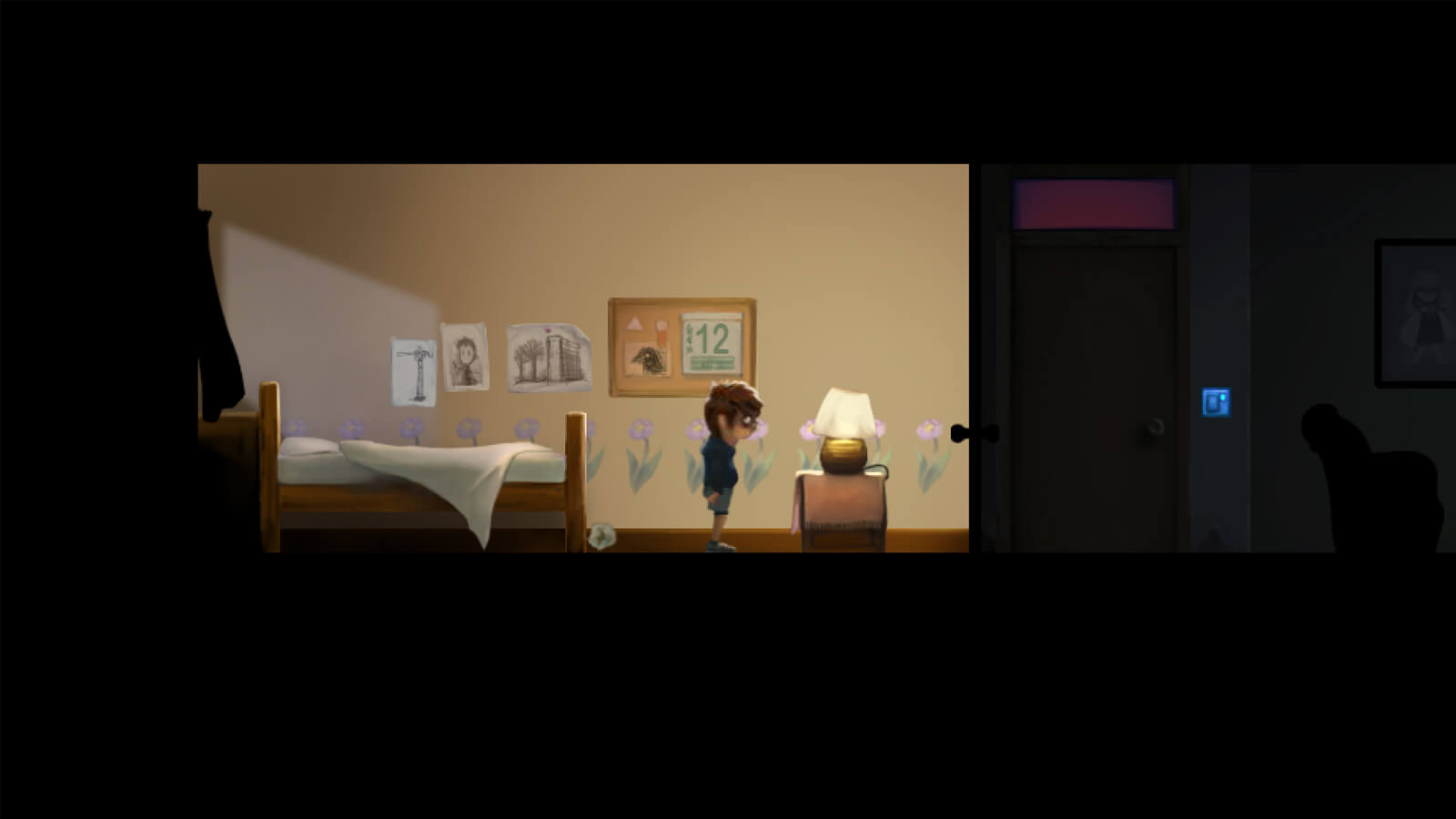 The player's character stands in front of a desk lamp. Hand drawn pictures can be seen on the wall behind him.