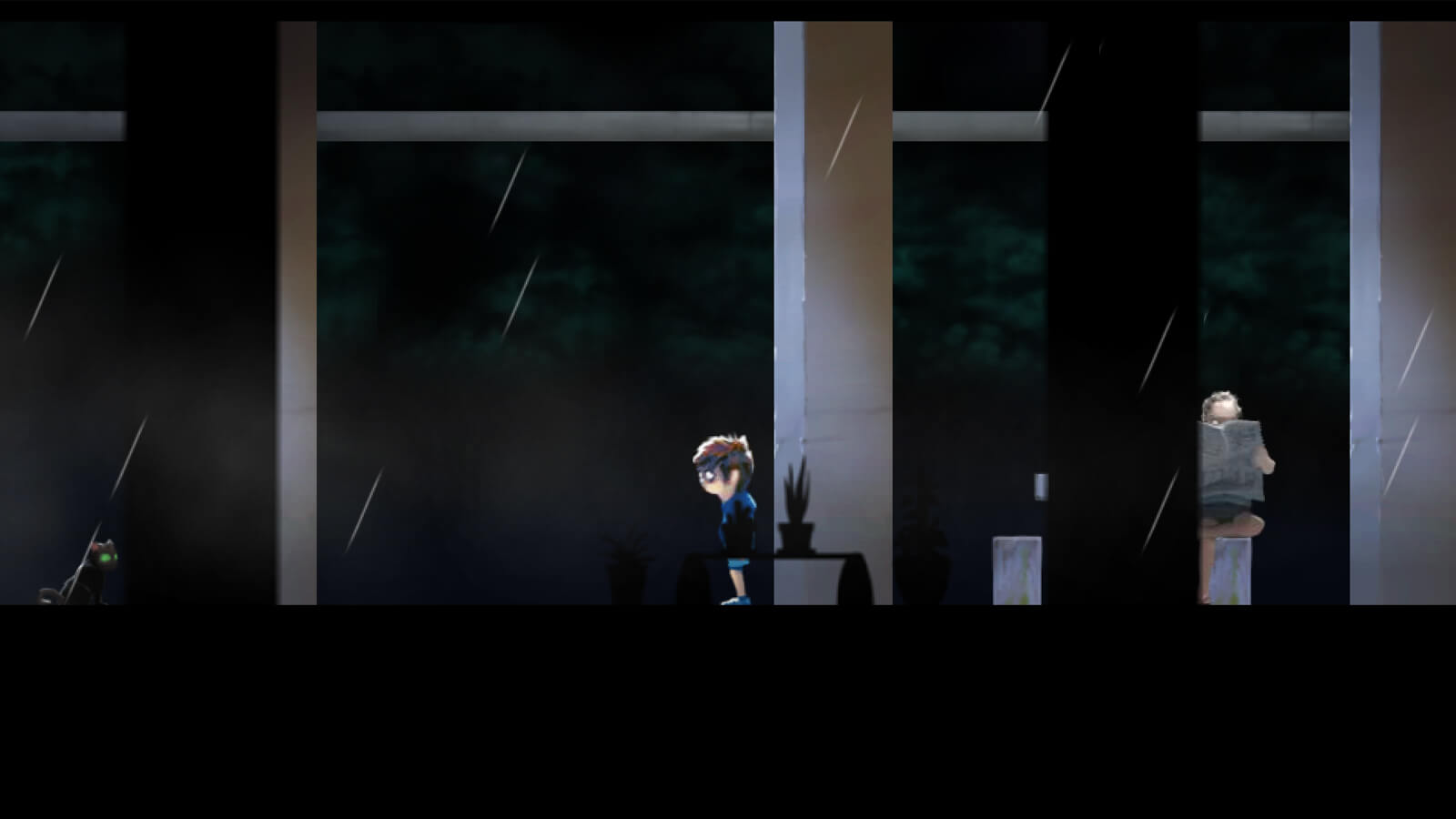 The player's character stands in a darkened room. A black cat and a man reading a newspaper are nearby.