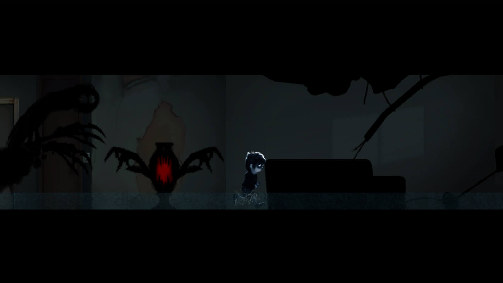 The player's character runs through a dark hallway pursued by shadowy enemies