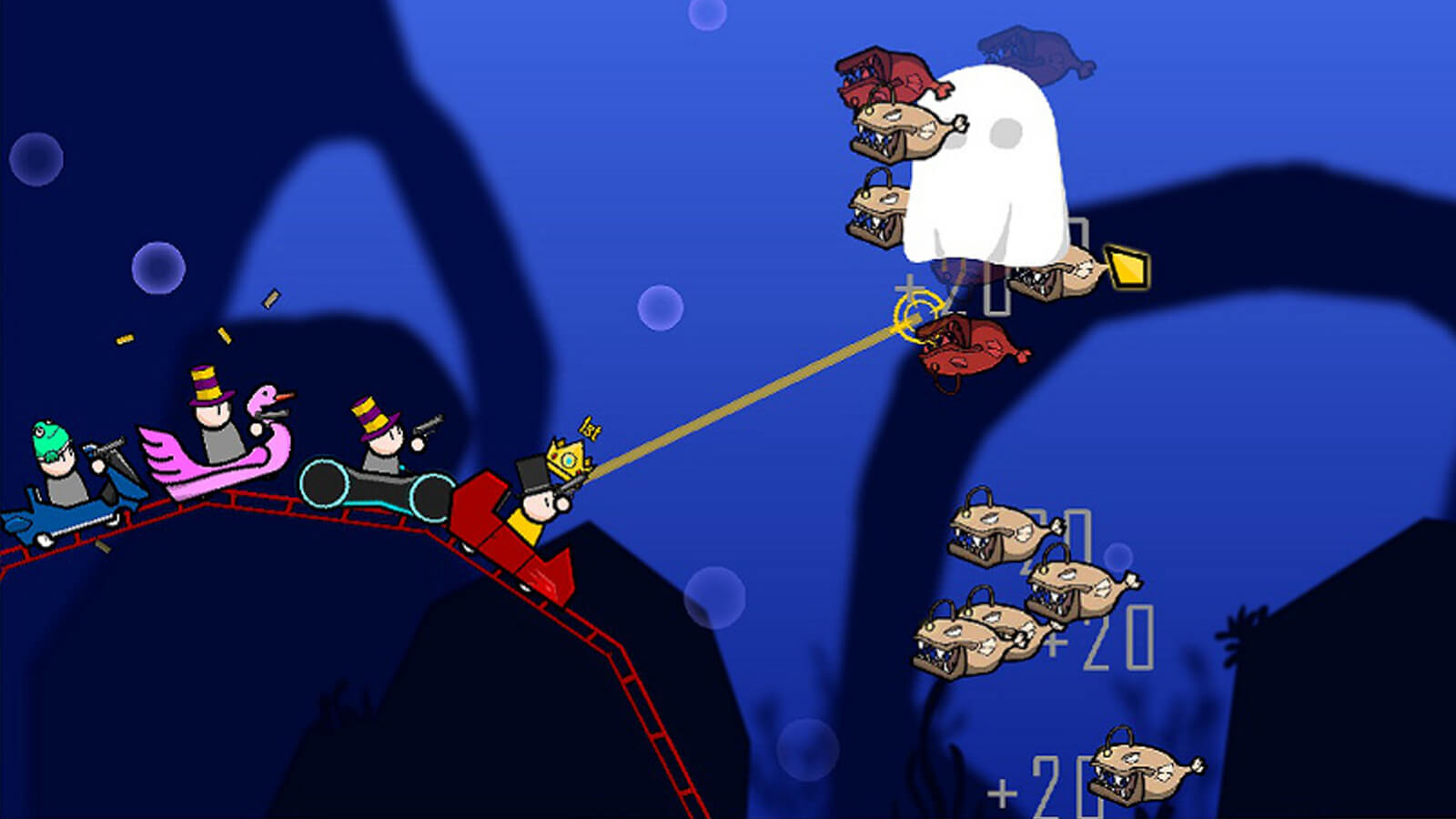 The roller coaster goes through an underwater level as the players aim at incoming fish enemies