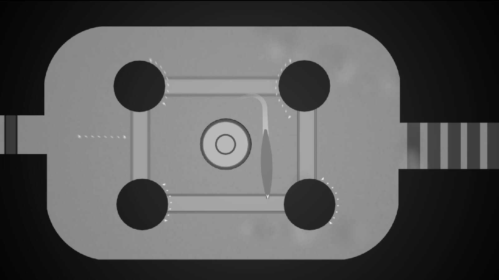 Rendered in grayscale, a slug-like creature is seen from top down in an enclosed, rectangular area with four black circles.