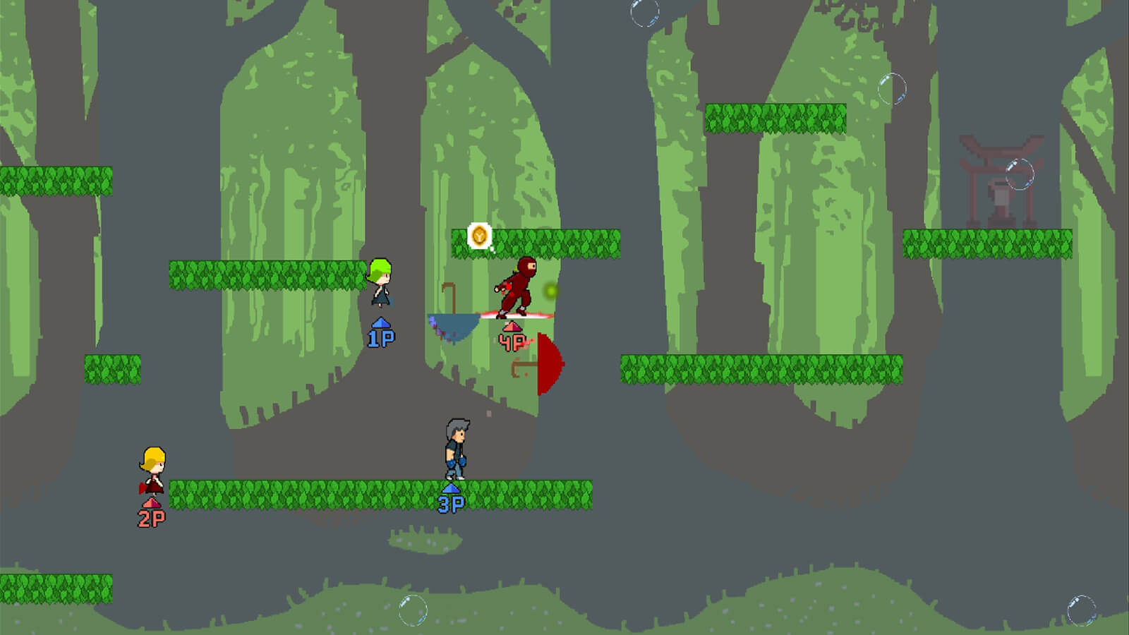 Four players stand or jump around leafy platforms on a map with a jungle background